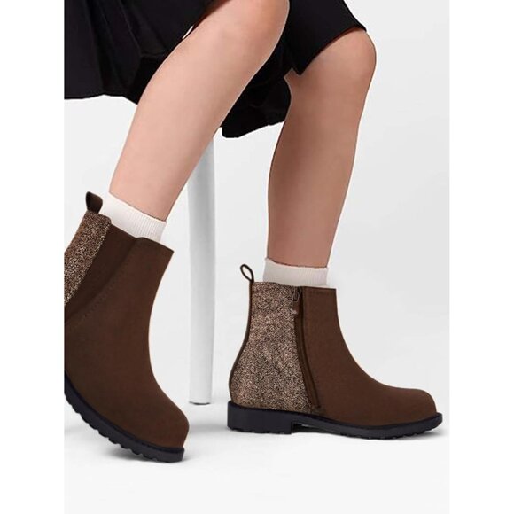 Girls Glitter Chocolate Ankle Boots Side Zipper Comfortable Chelsea Dress Boot - Picture 3 of 5